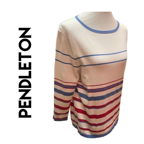 Pendleton Long Sleeve Striped Red White & Blue Scoop Neck Silk Blend Vintage Swe - Picture 1 of 12